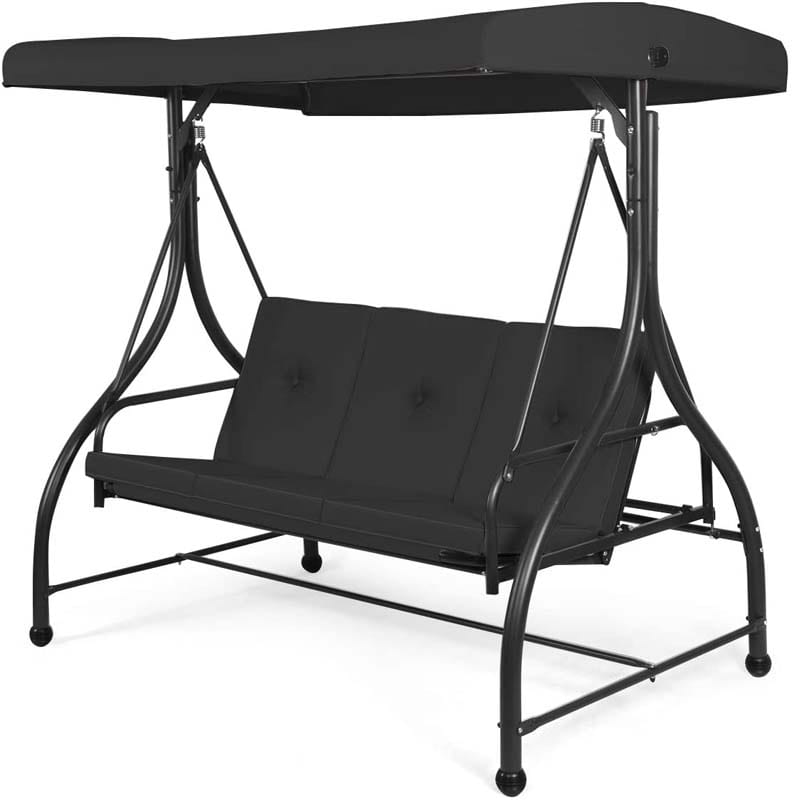 3-Person Porch Swing 2-in-1 Convertible Patio Swing Bed with Adjustable Canopy, Removable Cushions & Steel Frame for Backyard, Poolside