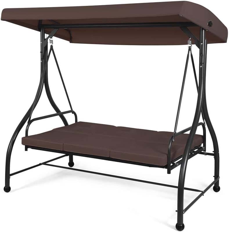 3-Person Porch Swing 2-in-1 Convertible Patio Swing Bed with Adjustable Canopy, Removable Cushions & Steel Frame for Backyard, Poolside