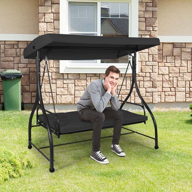 3-Person Porch Swing 2-in-1 Convertible Patio Swing Bed with Adjustable Canopy, Removable Cushions & Steel Frame for Backyard, Poolside
