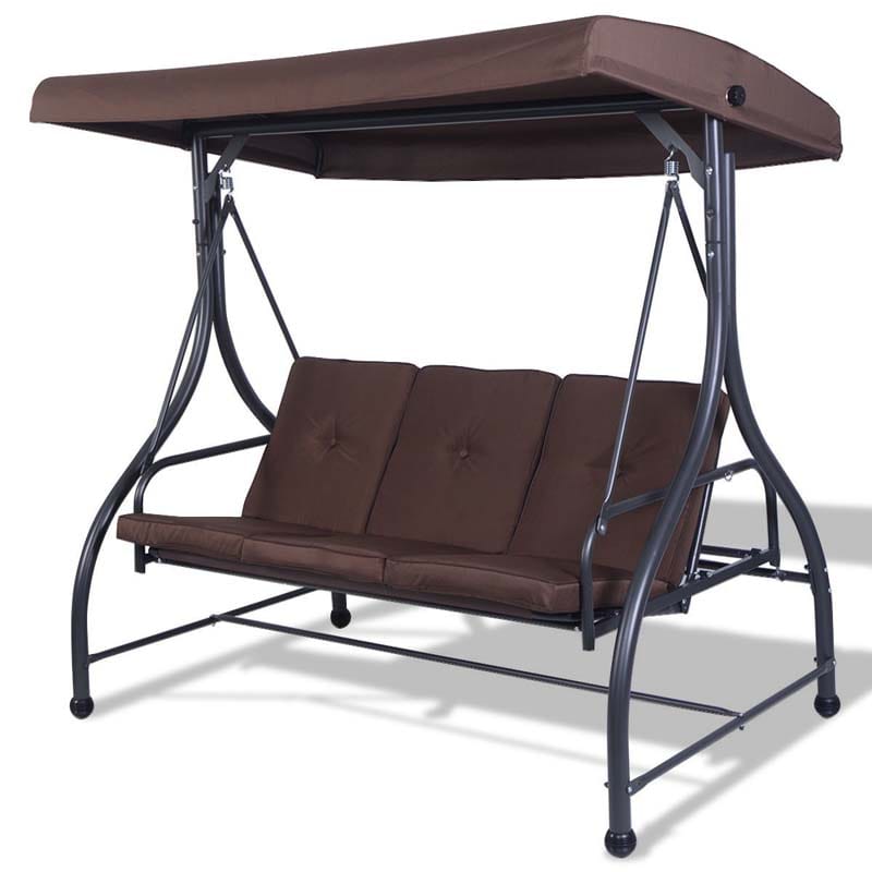 3-Person Porch Swing 2-in-1 Convertible Patio Swing Bed with Adjustable Canopy, Removable Cushions & Steel Frame for Backyard, Poolside