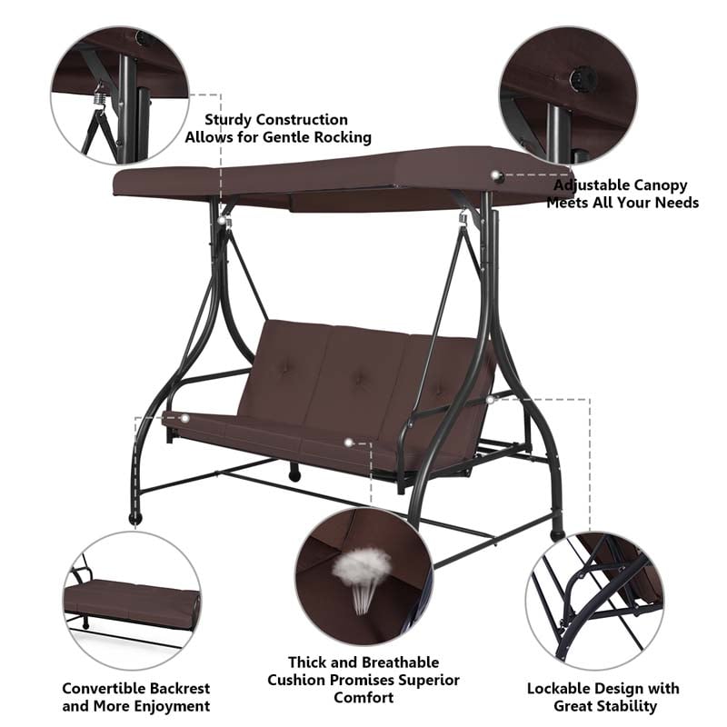 3-Person Porch Swing 2-in-1 Convertible Patio Swing Bed with Adjustable Canopy, Removable Cushions & Steel Frame for Backyard, Poolside