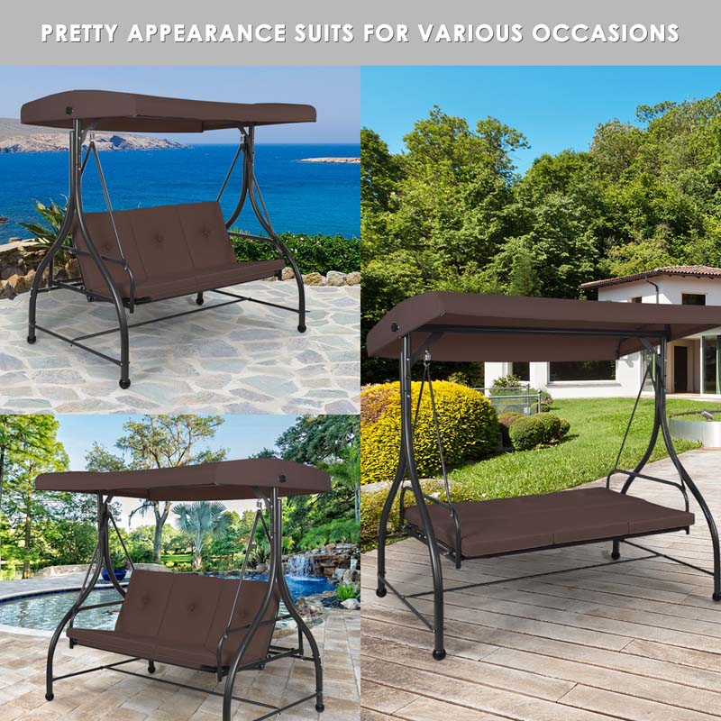3-Person Porch Swing 2-in-1 Convertible Patio Swing Bed with Adjustable Canopy, Removable Cushions & Steel Frame for Backyard, Poolside