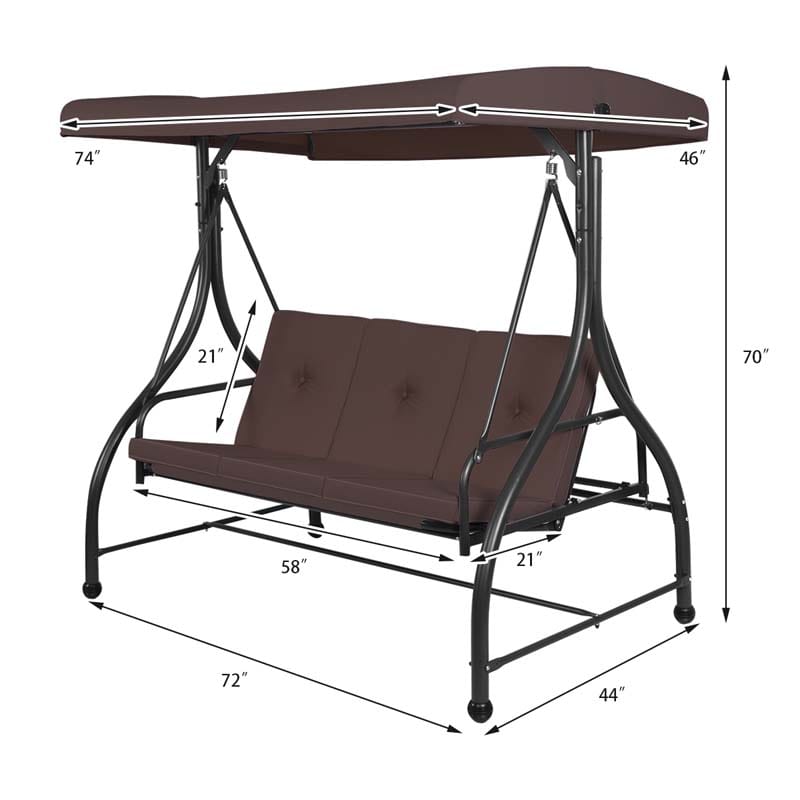 3-Person Porch Swing 2-in-1 Convertible Patio Swing Bed with Adjustable Canopy, Removable Cushions & Steel Frame for Backyard, Poolside