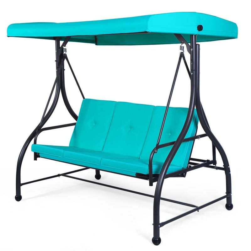 3-Person Porch Swing 2-in-1 Convertible Patio Swing Bed with Adjustable Canopy, Removable Cushions & Steel Frame for Backyard, Poolside