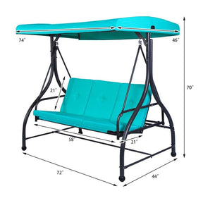 3-Seater Cushioned Metal Porch Swing with Adjustable Tilt Canopy, 2-in-1 Convertible Outdoor Patio Swing Chair Glider