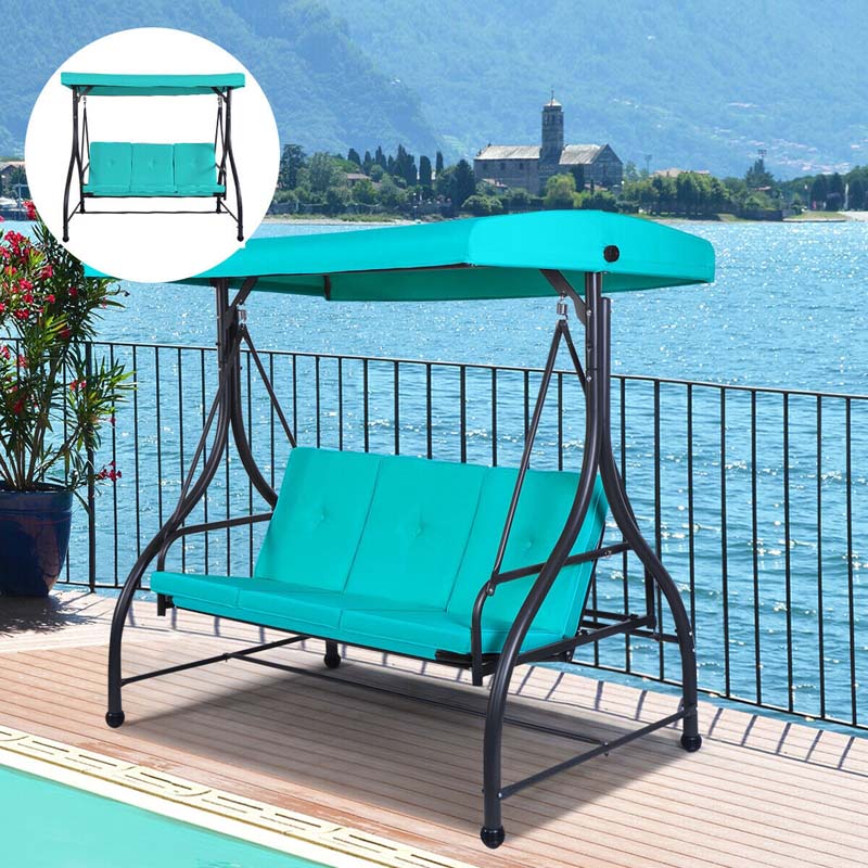 3-Person Porch Swing 2-in-1 Convertible Patio Swing Bed with Adjustable Canopy, Removable Cushions & Steel Frame for Backyard, Poolside