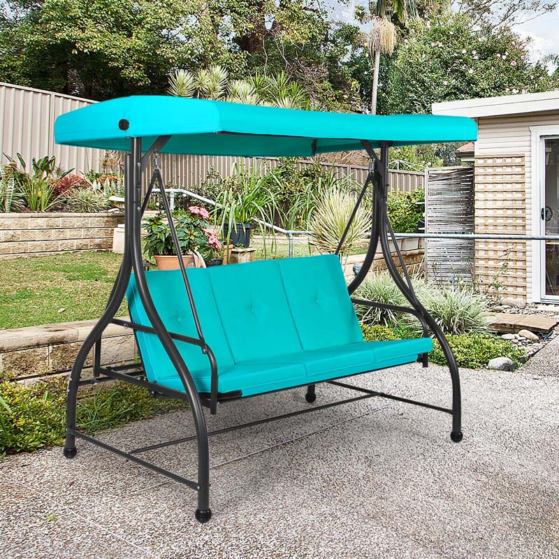 3-Person Porch Swing 2-in-1 Convertible Patio Swing Bed with Adjustable Canopy, Removable Cushions & Steel Frame for Backyard, Poolside