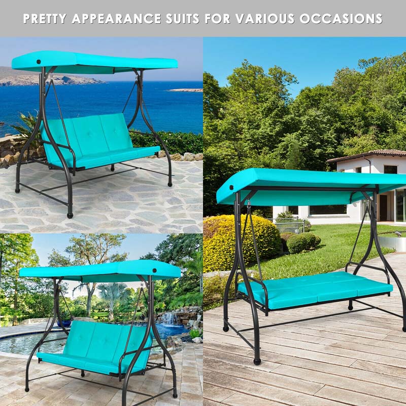 3-Person Porch Swing 2-in-1 Convertible Patio Swing Bed with Adjustable Canopy, Removable Cushions & Steel Frame for Backyard, Poolside