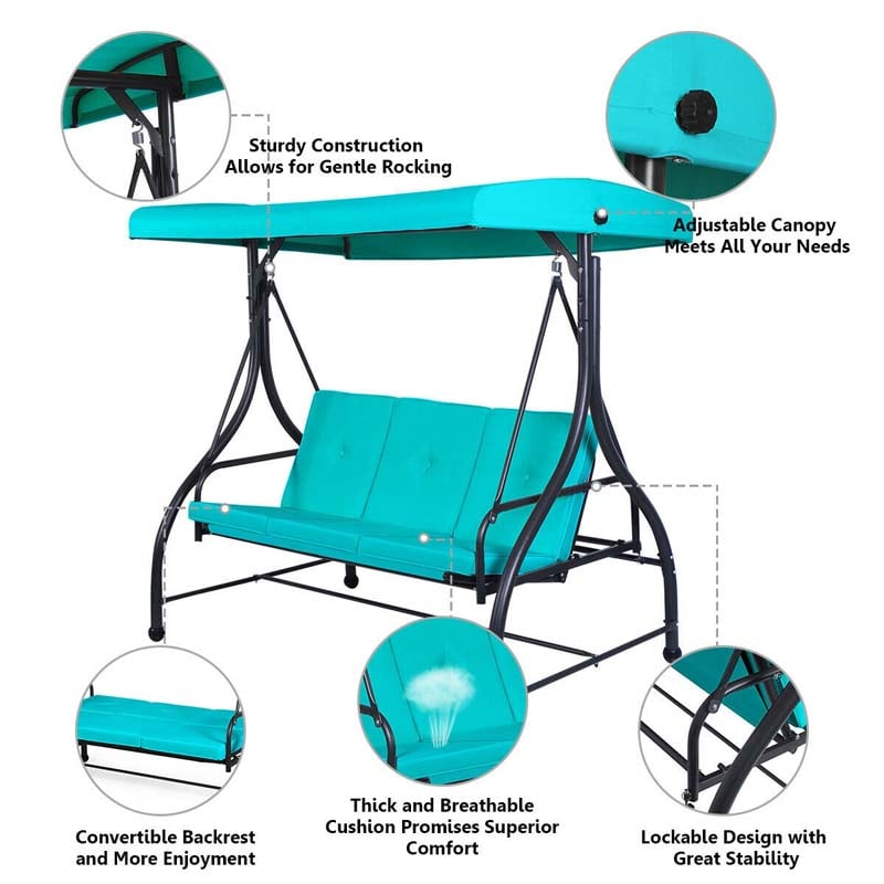 3-Person Porch Swing 2-in-1 Convertible Patio Swing Bed with Adjustable Canopy, Removable Cushions & Steel Frame for Backyard, Poolside
