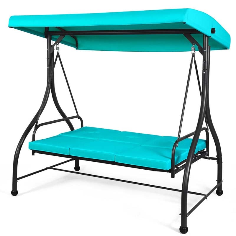 3-Person Porch Swing 2-in-1 Convertible Patio Swing Bed with Adjustable Canopy, Removable Cushions & Steel Frame for Backyard, Poolside