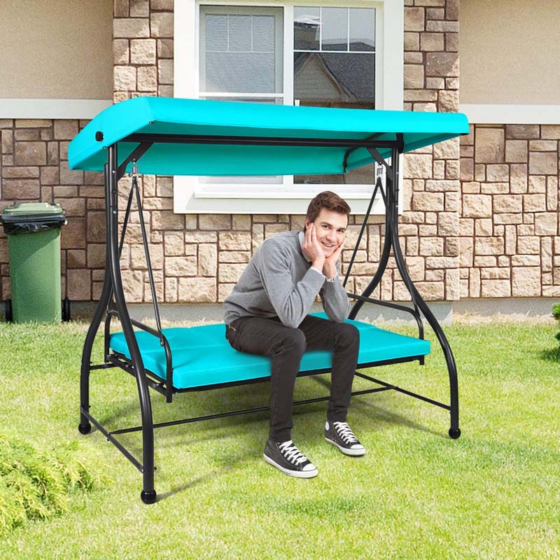 3-Person Porch Swing 2-in-1 Convertible Patio Swing Bed with Adjustable Canopy, Removable Cushions & Steel Frame for Backyard, Poolside