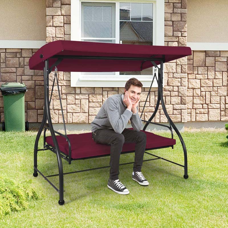 3-Person Porch Swing 2-in-1 Convertible Patio Swing Bed with Adjustable Canopy, Removable Cushions & Steel Frame for Backyard, Poolside