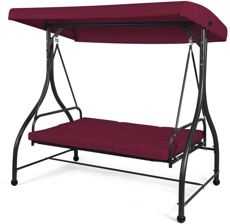 3-Person Porch Swing 2-in-1 Convertible Patio Swing Bed with Adjustable Canopy, Removable Cushions & Steel Frame for Backyard, Poolside