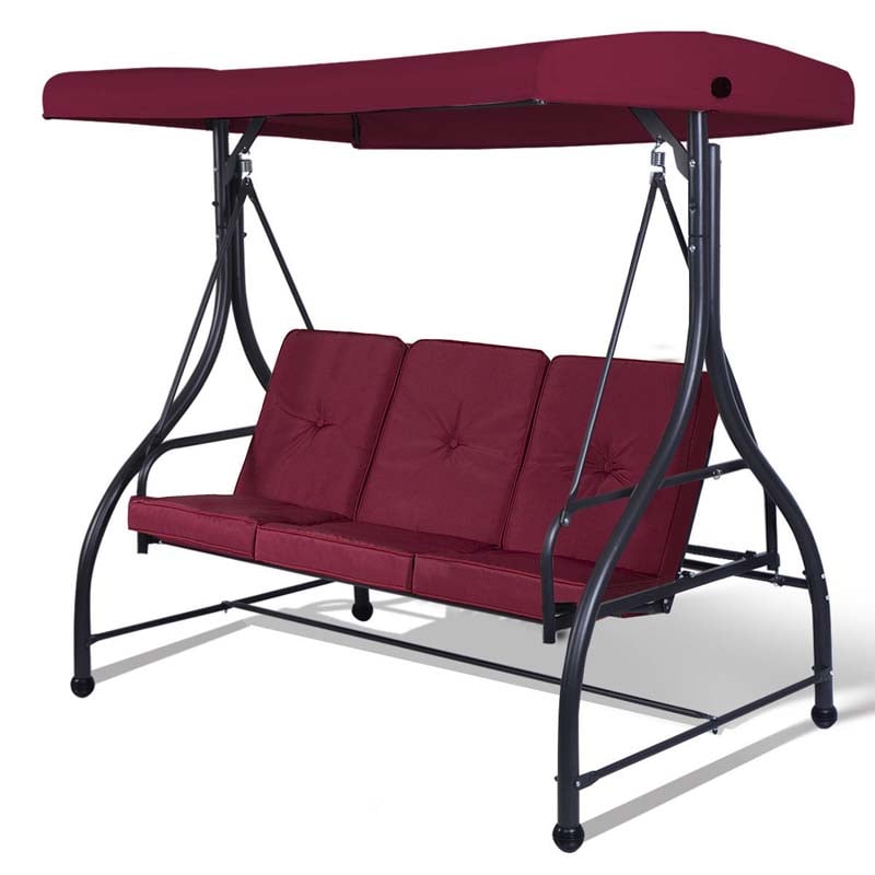 3-Person Porch Swing 2-in-1 Convertible Patio Swing Bed with Adjustable Canopy, Removable Cushions & Steel Frame for Backyard, Poolside