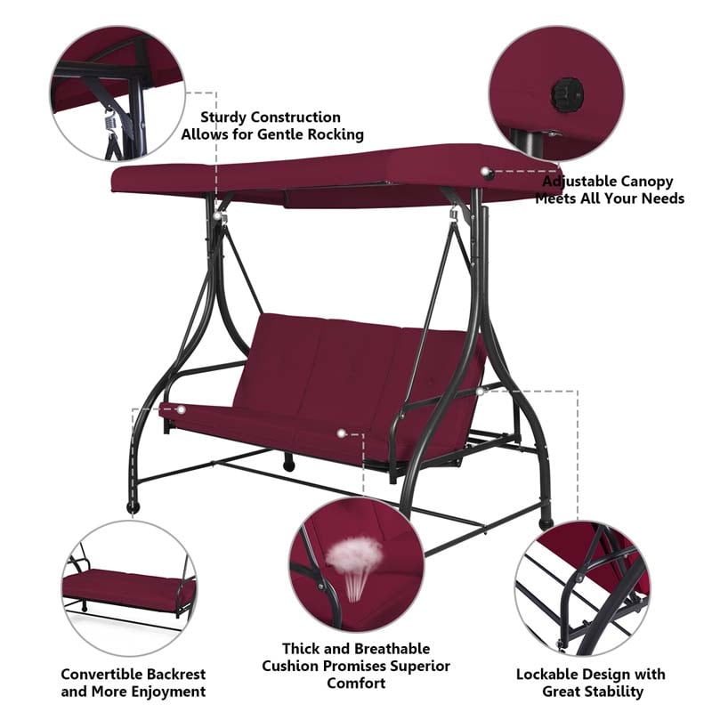 3-Person Porch Swing 2-in-1 Convertible Patio Swing Bed with Adjustable Canopy, Removable Cushions & Steel Frame for Backyard, Poolside