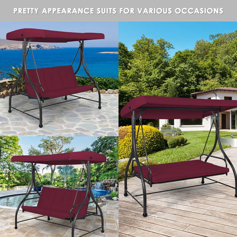3-Person Porch Swing 2-in-1 Convertible Patio Swing Bed with Adjustable Canopy, Removable Cushions & Steel Frame for Backyard, Poolside