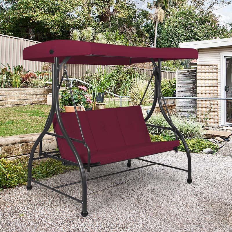 3-Person Porch Swing 2-in-1 Convertible Patio Swing Bed with Adjustable Canopy, Removable Cushions & Steel Frame for Backyard, Poolside
