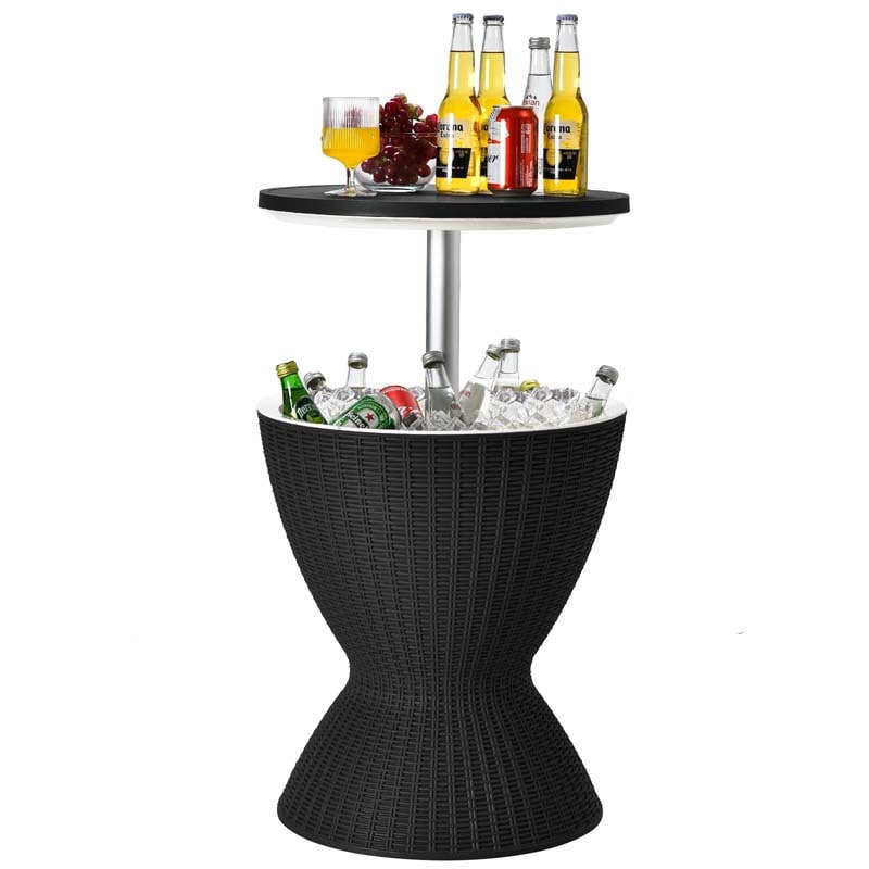 3-in-1 Rattan Outdoor Patio Bar Side Table with Ice Bucket, 8 Gallon Ice Cooler Wine Cocktail Table for Deck Pool Party