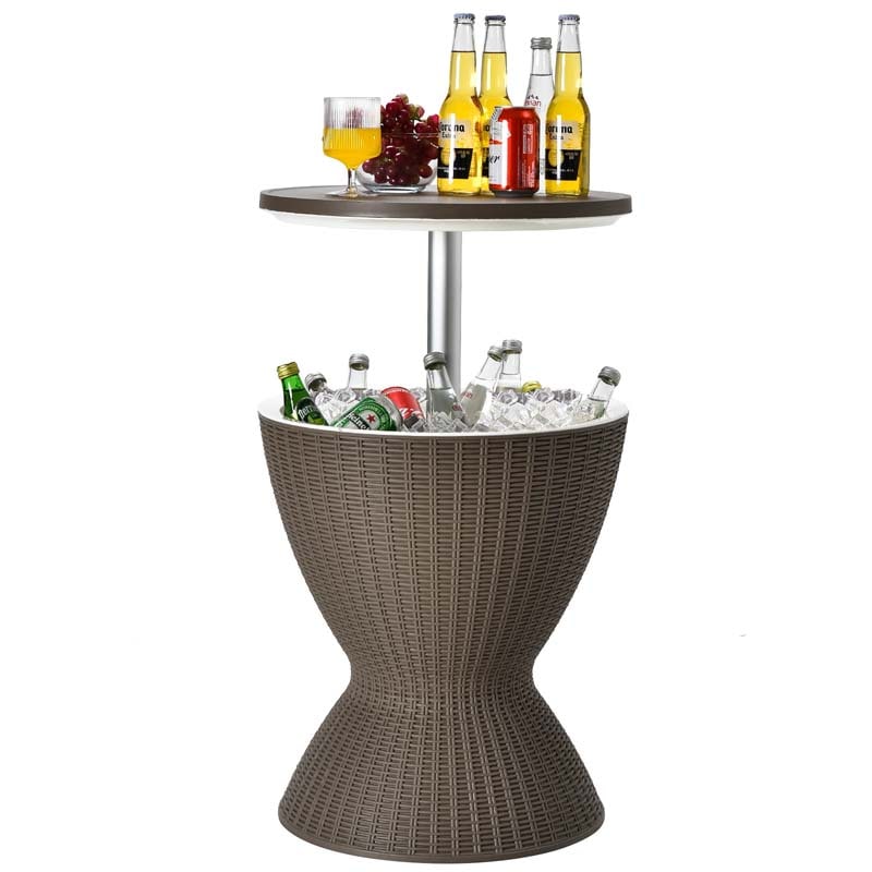 3-in-1 Rattan Outdoor Patio Bar Side Table with Ice Bucket, 8 Gallon Ice Cooler Wine Cocktail Table for Deck Pool Party