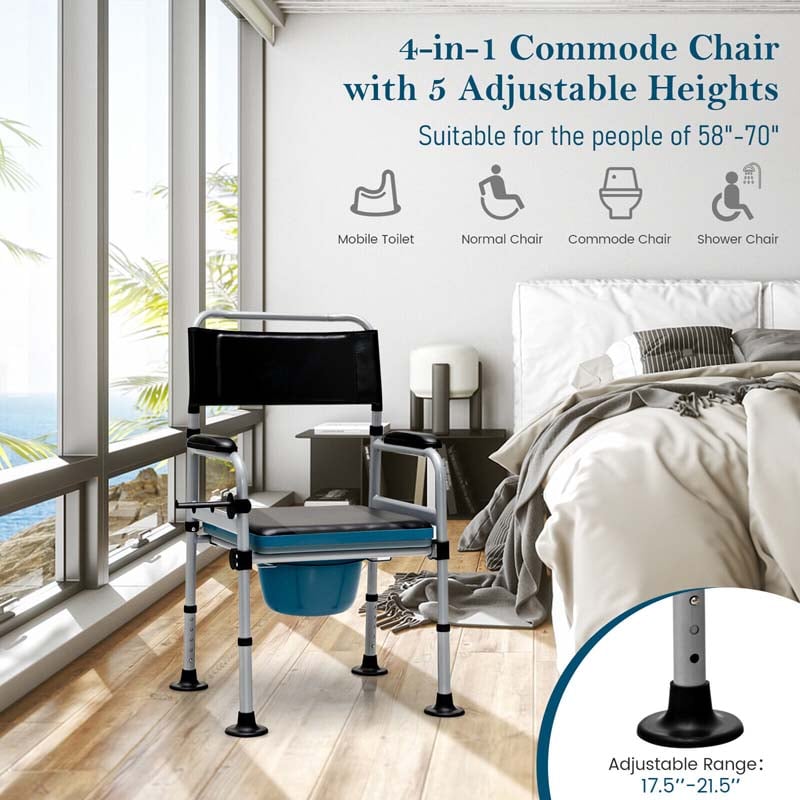 4-in-1 Folding Bedside Commode Chair with Arms, Height Adjustable Portable Toilet Bath Shower Potty Chair