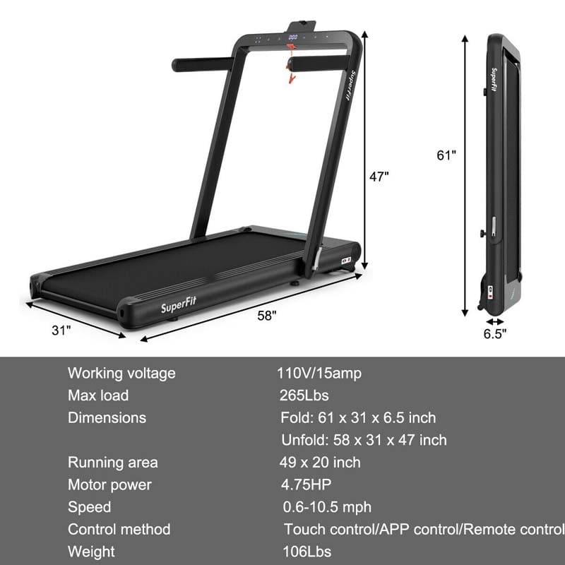 2 in 1 4.75HP Folding Treadmill, Under Desk Electric Treadmill, Portable Running Machine with APP Control, LED Touch Screen, Bluetooth Speaker