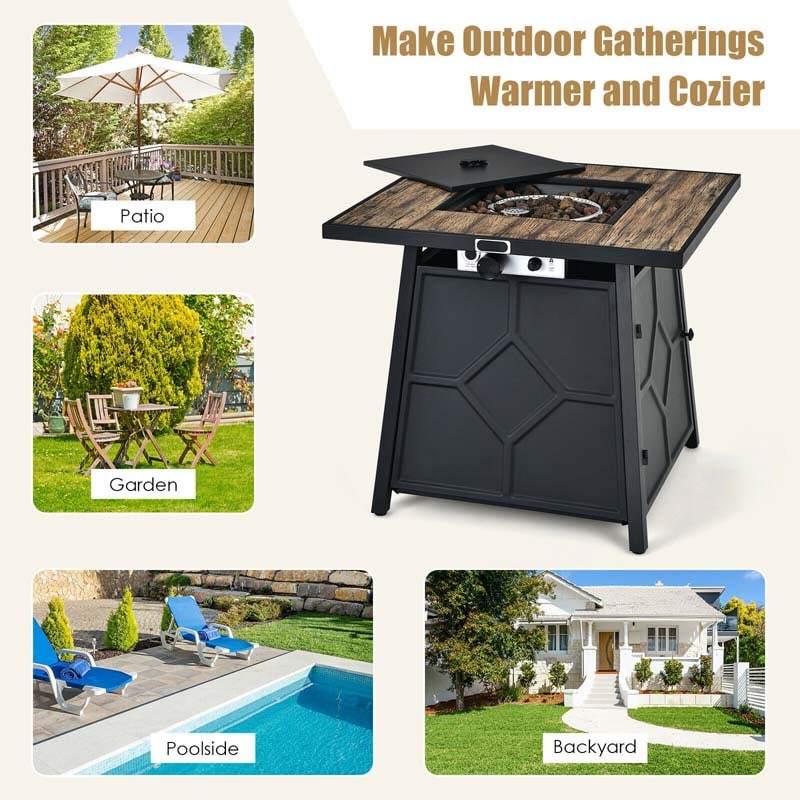 28" Square Outdoor Propane Fire Pit Table, 40000 BTU Gas Fire Pit Table with Lava Rocks & Cover
