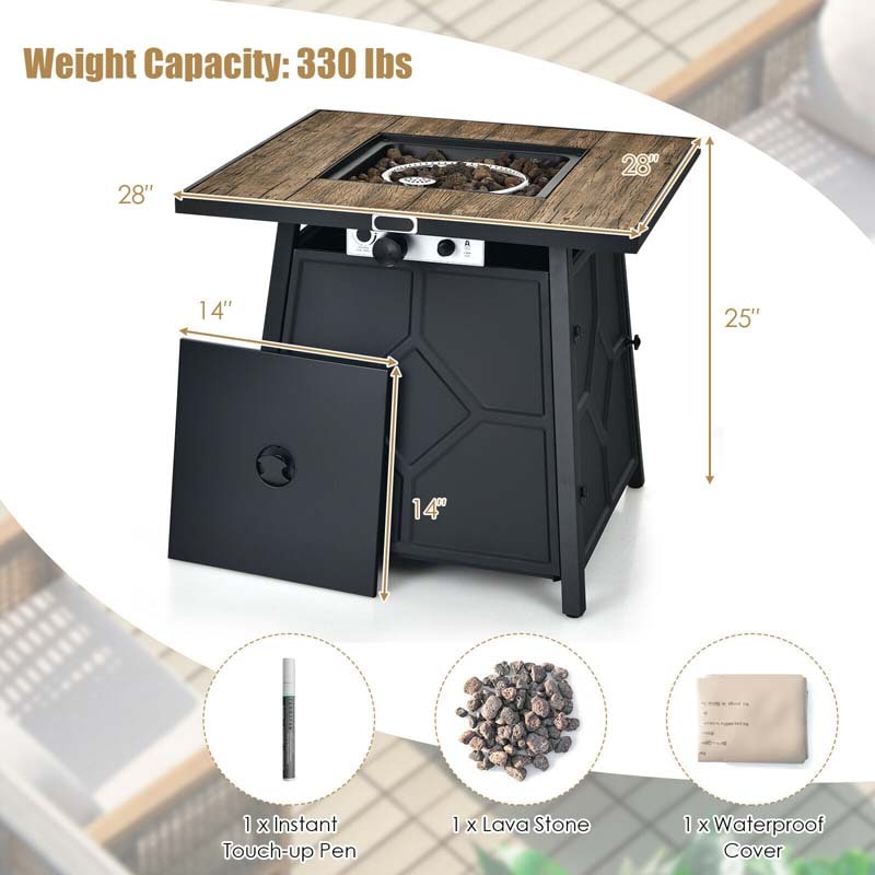 28" Square Outdoor Propane Fire Pit Table, 40000 BTU Gas Fire Pit Table with Lava Rocks & Cover
