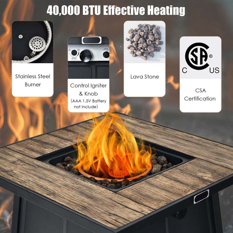 28" Square Outdoor Propane Fire Pit Table, 40000 BTU Gas Fire Pit Table with Lava Rocks & Cover
