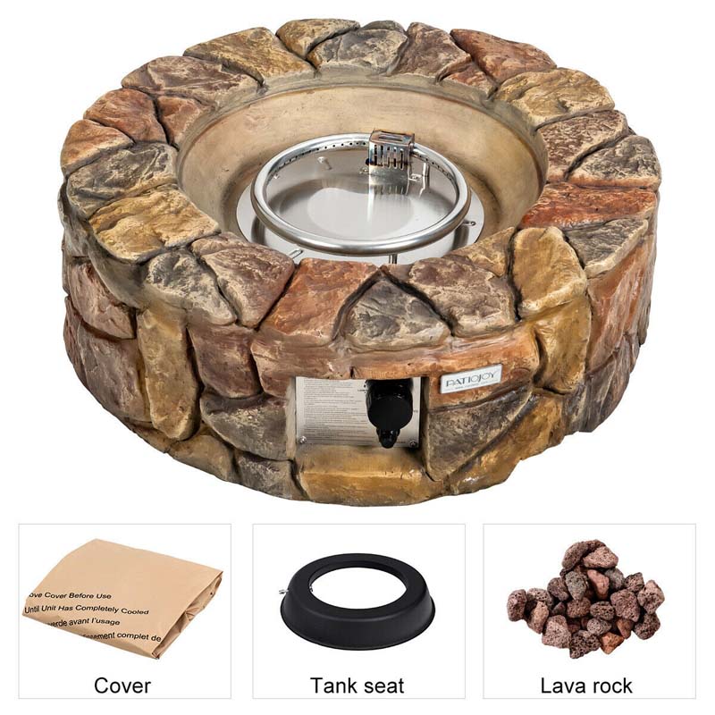 28" 40000 BTU Round Stone Look Outdoor Propane Gas Fire Pit Table with with PVC Cover & Lava Rocks