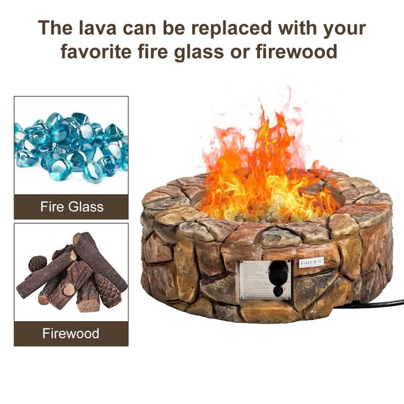 28" 40000 BTU Round Stone Look Outdoor Propane Gas Fire Pit Table with with PVC Cover & Lava Rocks
