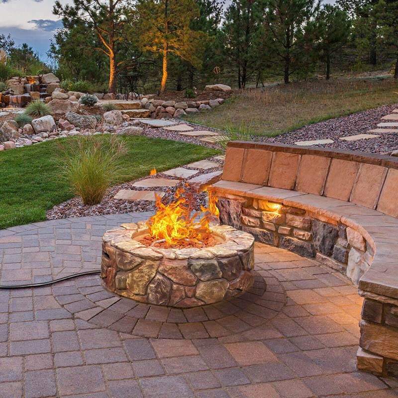 28" 40000 BTU Round Stone Look Outdoor Propane Gas Fire Pit Table with with PVC Cover & Lava Rocks