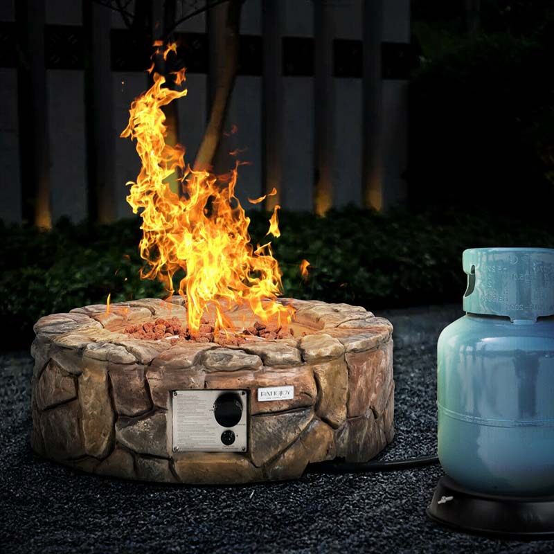 28" 40000 BTU Round Stone Look Outdoor Propane Gas Fire Pit Table with with PVC Cover & Lava Rocks