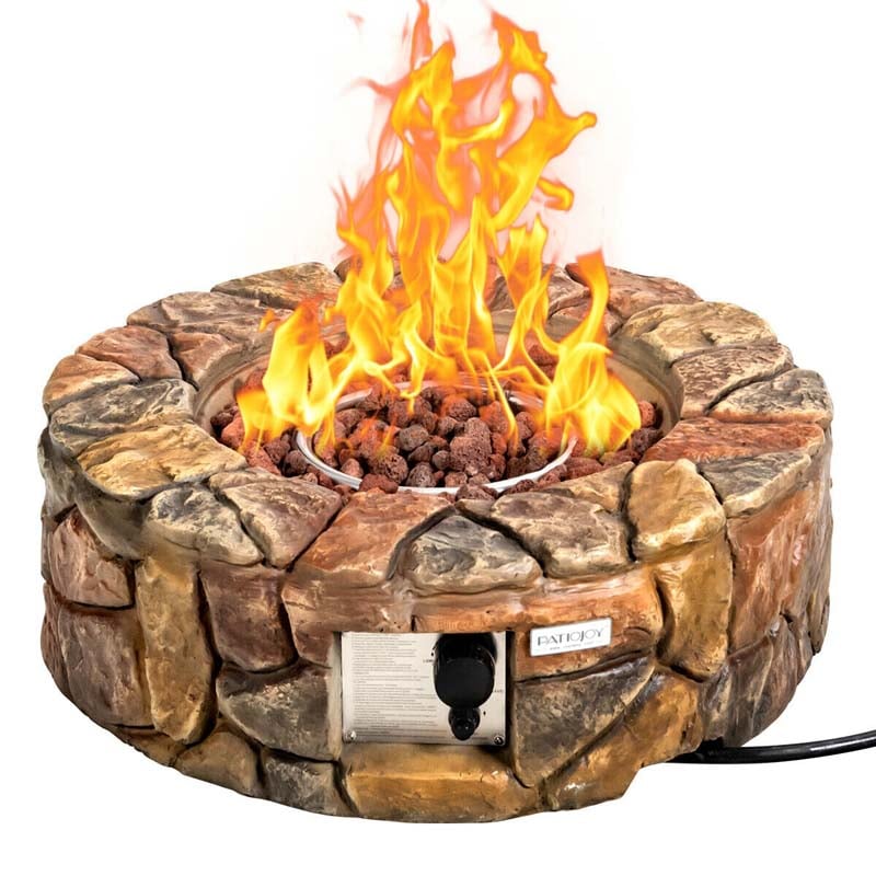 28" 40000 BTU Round Stone Look Outdoor Propane Gas Fire Pit Table with with PVC Cover & Lava Rocks