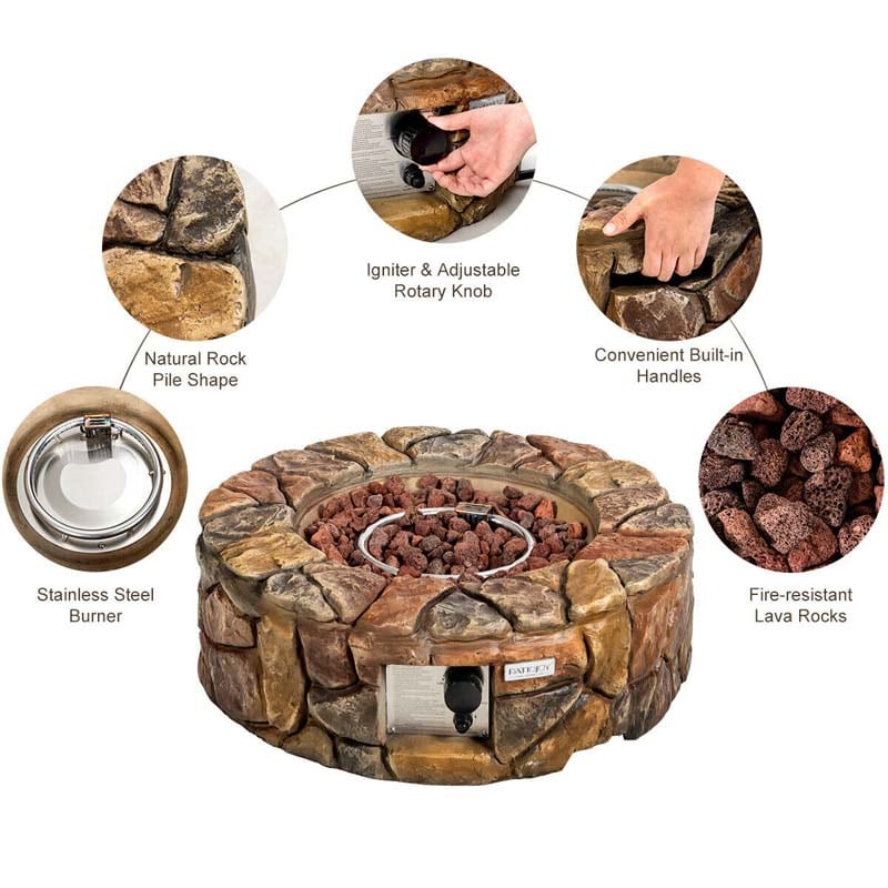 28" 40000 BTU Round Stone Look Outdoor Propane Gas Fire Pit Table with with PVC Cover & Lava Rocks