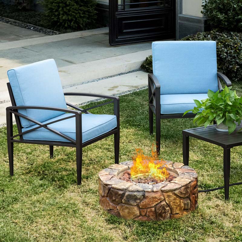28" 40000 BTU Round Stone Look Outdoor Propane Gas Fire Pit Table with with PVC Cover & Lava Rocks