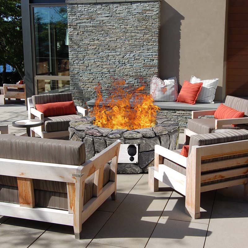 28" 40000 BTU Round Stone Look Outdoor Propane Gas Fire Pit Table with with PVC Cover & Lava Rocks