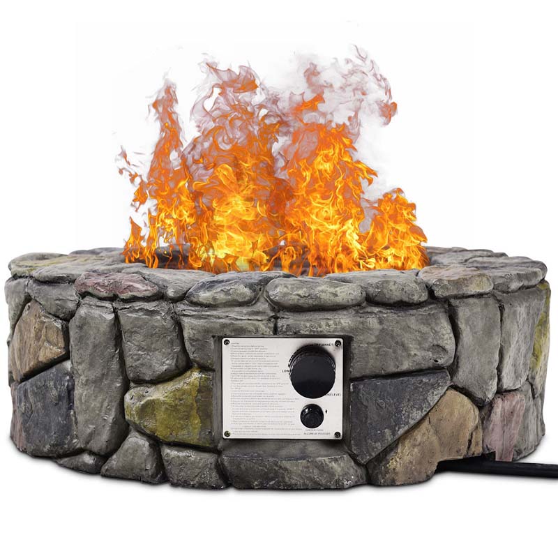 28" 40000 BTU Round Stone Look Outdoor Propane Gas Fire Pit Table with with PVC Cover & Lava Rocks