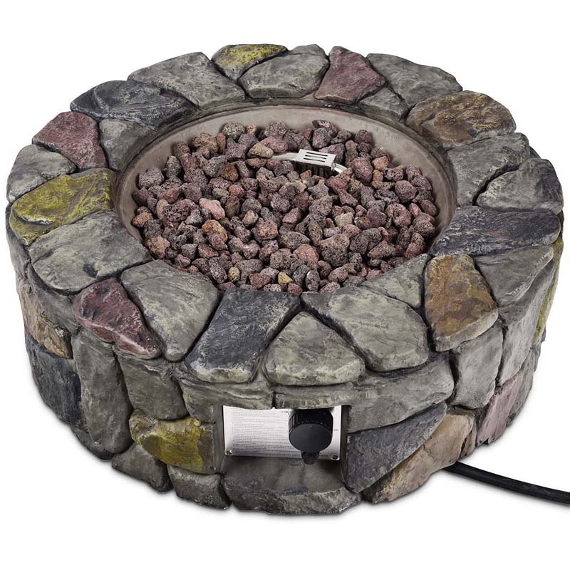 28" 40000 BTU Round Stone Look Outdoor Propane Gas Fire Pit Table with with PVC Cover & Lava Rocks