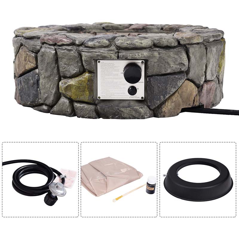 28" 40000 BTU Round Stone Look Outdoor Propane Gas Fire Pit Table with with PVC Cover & Lava Rocks