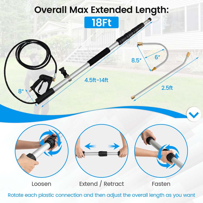 4200PSI 18FT High Pressure Washer Telescopic Wand Power Washer Extension Spray Wand