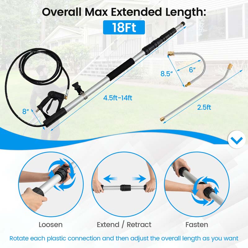 18FT Telescoping Pressure Washer Wand Kit, 4000PSI Commercial Power Washer Extension with 5 Spray Nozzles, 2 Adapters & Support Belt