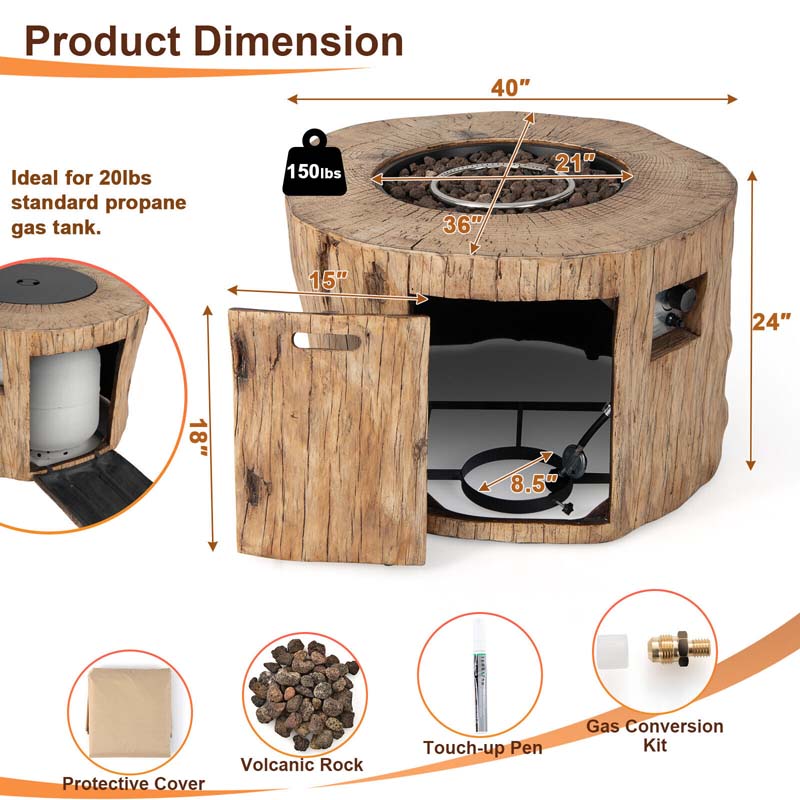 40" Wood-Like Round Fire Table, 50000 BTU Propane Gas Fire Pit Table with Lava Rocks & Cover