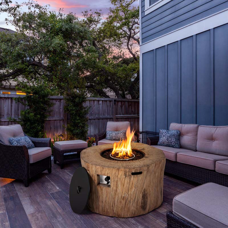 40" Wood-Like Round Fire Table, 50000 BTU Propane Gas Fire Pit Table with Lava Rocks & Cover