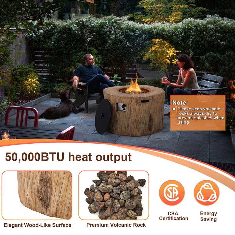40" Wood-Like Round Fire Table, 50000 BTU Propane Gas Fire Pit Table with Lava Rocks & Cover