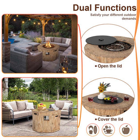 40" Wood-Like Round Fire Table, 50000 BTU Propane Gas Fire Pit Table with Lava Rocks & Cover