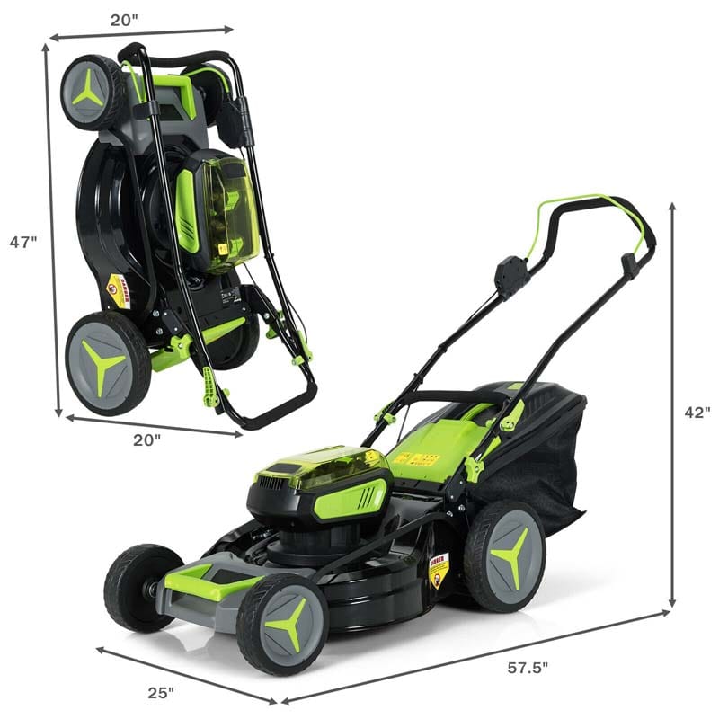 40V 18" Brushless Cordless Lawn Mower, Folding Design, 6 Mowing Heights, 50L Grass Bag, Two 4.0Ah Battery Packs and Fast Chargers Included
