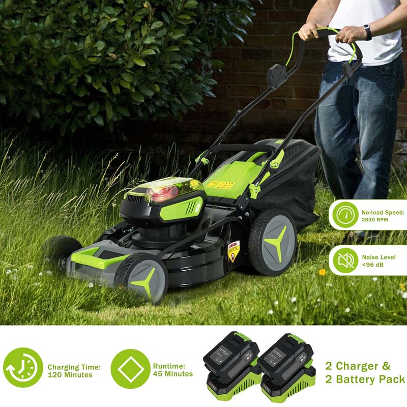 40V 18" Brushless Cordless Lawn Mower, Folding Design, 6 Mowing Heights, 50L Grass Bag, Two 4.0Ah Battery Packs and Fast Chargers Included