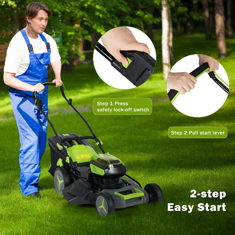 40V 18" Brushless Cordless Lawn Mower, Folding Design, 6 Mowing Heights, 50L Grass Bag, Two 4.0Ah Battery Packs and Fast Chargers Included