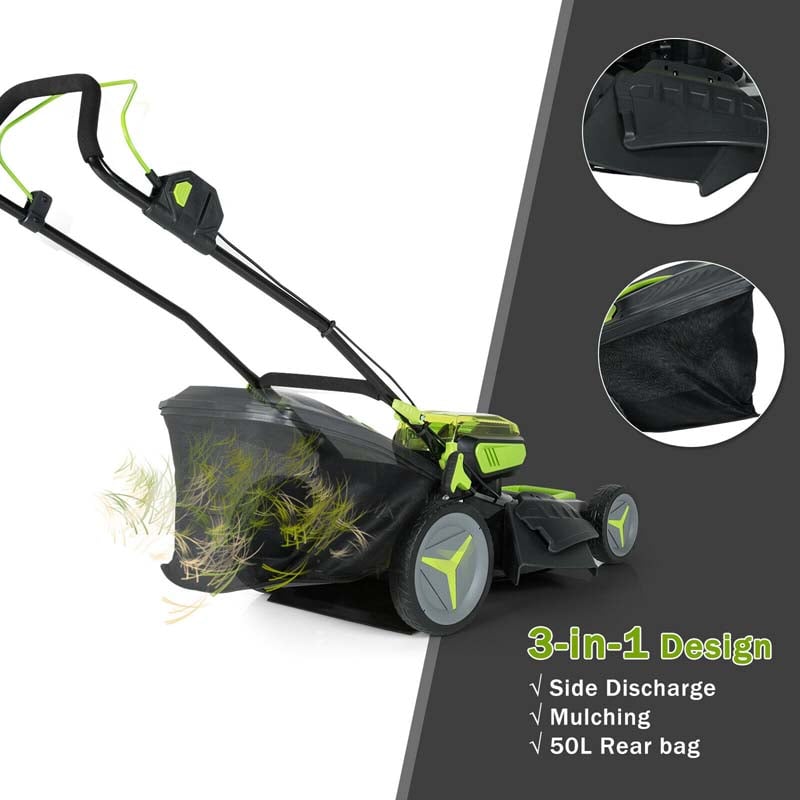 40V 18" Brushless Cordless Lawn Mower, Folding Design, 6 Mowing Heights, 50L Grass Bag, Two 4.0Ah Battery Packs and Fast Chargers Included