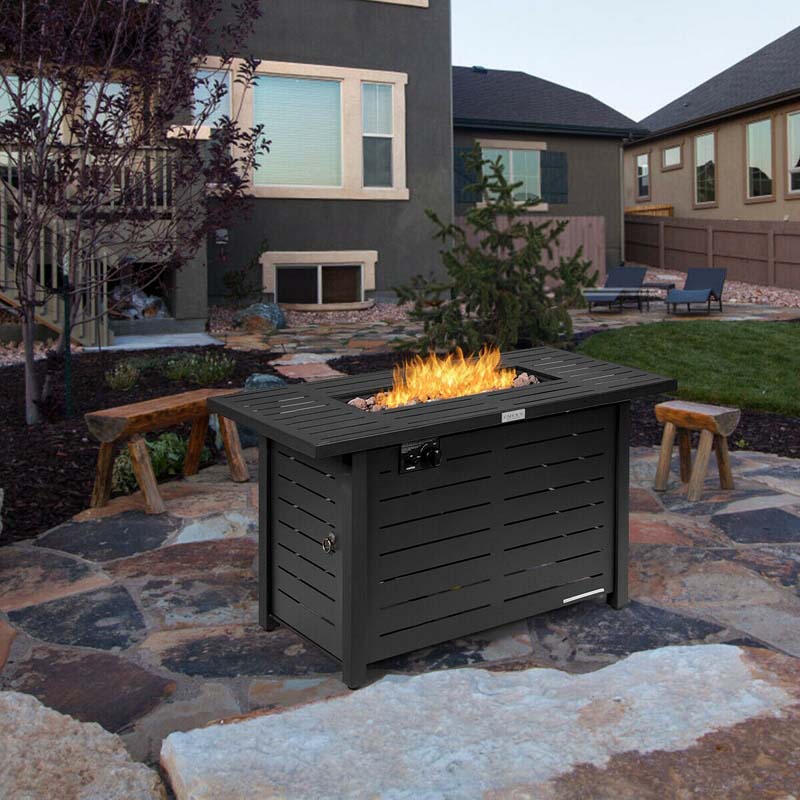 42" 60000 BTU Outdoor Propane Fire Pit Table Rectangular Gas Fire Table with Waterproof Cover & Lava Rock